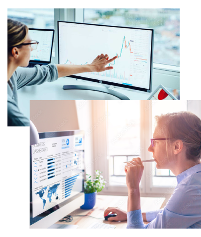 Photographs of a woman analyzing graphs and data displayed on her desktop computer.