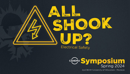 Graphic on a black background featuring yellow text that reads 'All Shook Up' alongside a hazard sign with a lightning bolt arrow pointing downwards. In the bottom right corner, the text 'Symposium Spring 2024' is displayed