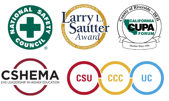 Logos of certifications and awards from National Safety Council, Larry L. Sautter Award, Cal Cupa, CSHEMA, CSU, CCC, and UCs.
