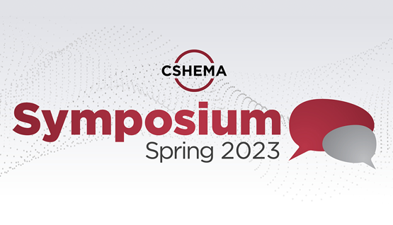 SHEMA Symposium Spring 2023 flier featuring red and gray message bubbles on the side.