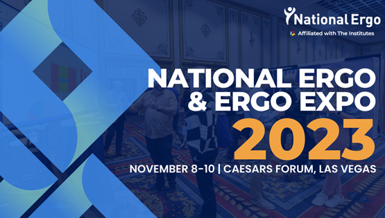 Graphic featuring a blue background with 'National Ergo and Ergo Expo' written in white, with '2023' in orange. Blue squares are featured in the background.