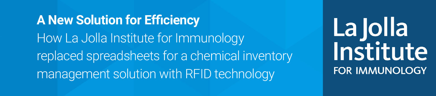 Image of a blue banner with white text that reads: 'A new solution for efficiency. How La Jolla Institute for Immunology replaced spreadsheets for a chemical inventory management solution with RFID technology.'