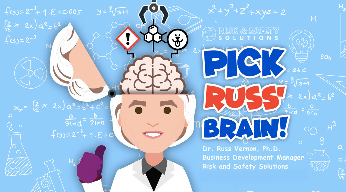 Pick Russ' Brain webinar invitation with a caricature of Dr. Russ Vernon Ph.D and his brain being literally picked with a claw