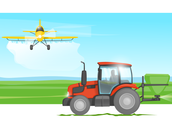 A graphic depicting an aircraft spraying a field with a tractor and container intersecting in the foreground.