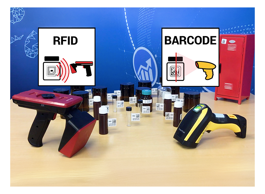 Collection of Scanners, bottles with RFID tags and a small locker to simulate chemical storage