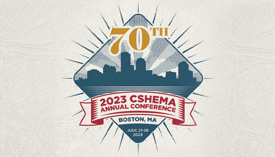 Banner for the 70th Annual CSHEMA Conference in 2023, featuring a cityscape in the background.