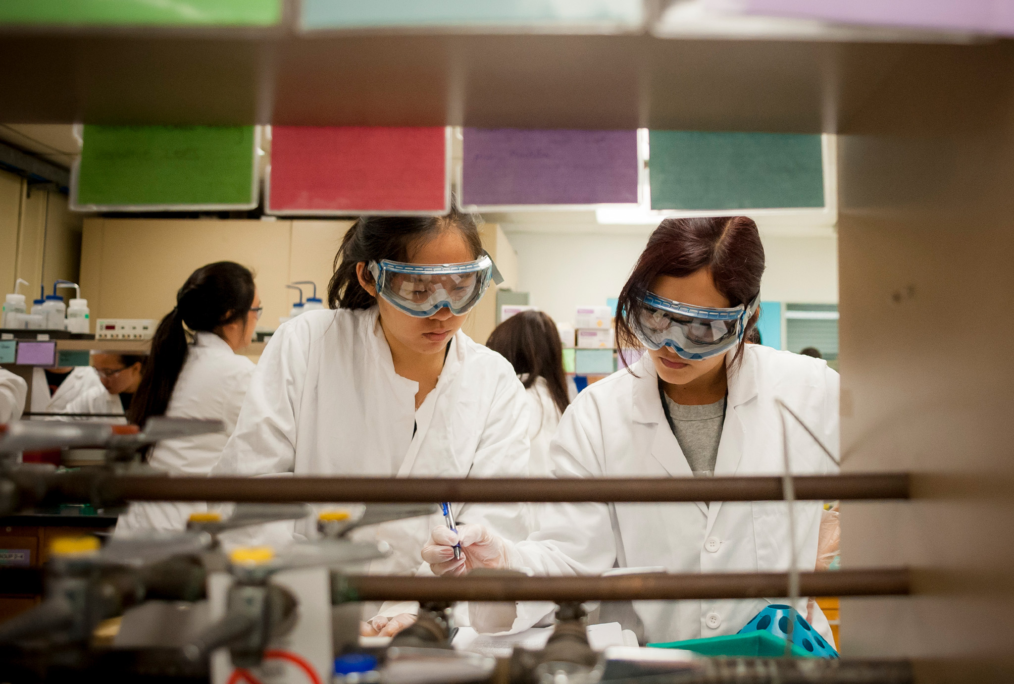 Two researchers conducting a chemical experiment in a lab behind a cabinet