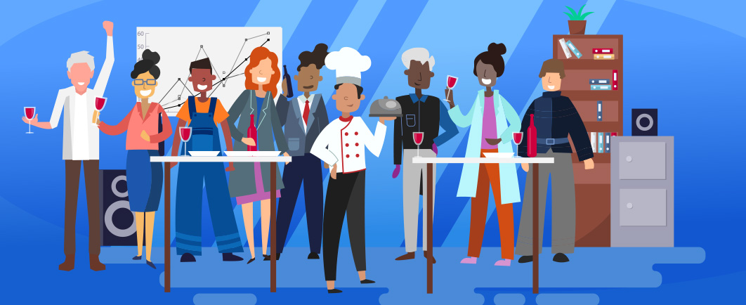 loose range of illustrated characters enjoying alcohol in a work setting