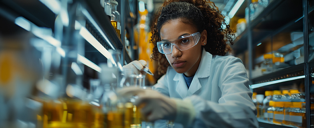 Female engineer monitoring manufacturing process on computer. Focused female engineer in safety glasses working on a computer in a modern factory control room