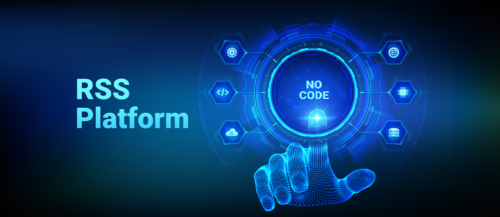 A hand pointing to a button labeled "No Code" on a futuristic interface, with the text "RSS Platform" displayed on the left.