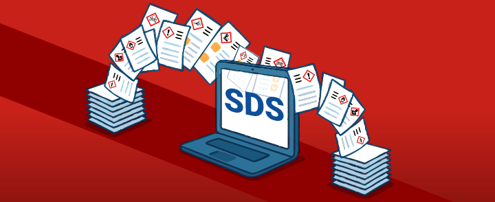 Illustration of SDS documents being transferred between stacks and a laptop displaying ‘SDS’.