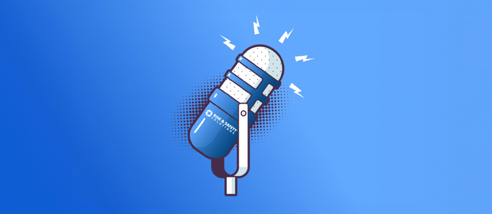 Microphone branded with RSS logo against a blue background