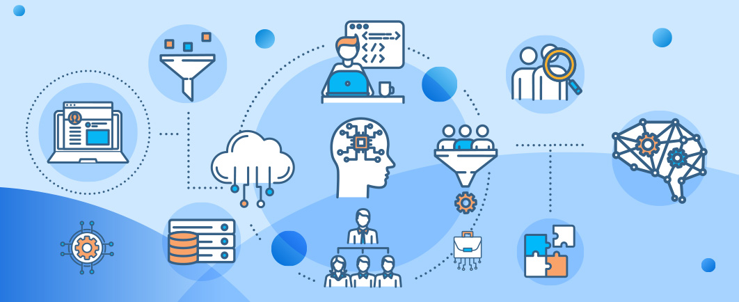 Illustration of various technology and data analysis icons including a computer, cloud storage, gears, a human head with circuitry, a database, a magnifying glass, and network connections.