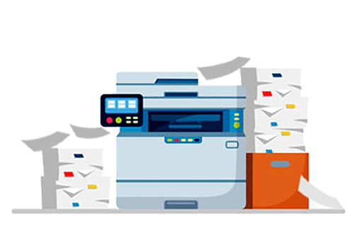 A graphic showing an outdated printer producing stacks of paper, with additional stacks piled on each side of the printer.