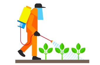 A graphic depicting a person wearing personal protective equipment (PPE) spraying plants with pesticides from a canister.