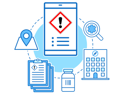 An arrangement of icons forming a circle: an iPhone with a hazard symbol displayed on the screen, a magnifying glass, a building, a chemical bottle, clipboards, and a location tag.