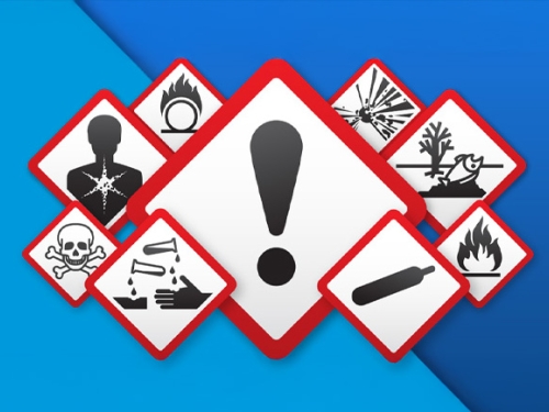Multiple GHS code signs arranged symmetrically insinuating multiple levels of danger