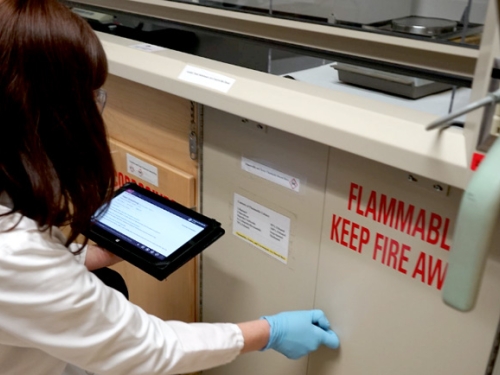 EHS specialist looking into a flammable safe cabinet
