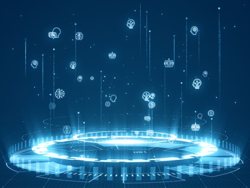 Blue digital robot icon levitation and circle futuristic HUD with Ai chatbot and machine learning technology with artificial intelligence concepts on abstract background