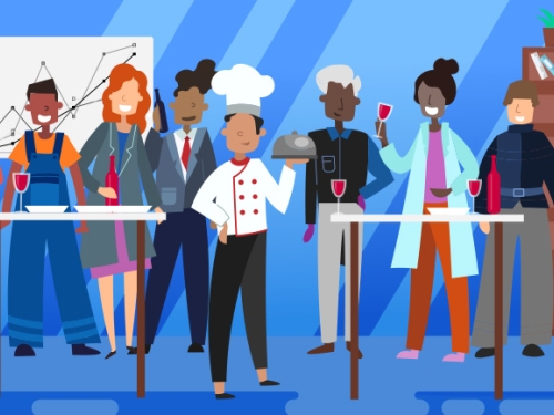 loose range of illustrated characters enjoying alcohol in a work setting