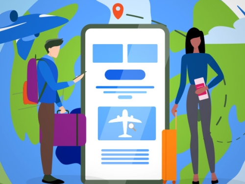Illustration of two people with luggage near a large smartphone displaying travel information. Airplanes and a globe are in the background, suggesting travel and exploration themes.