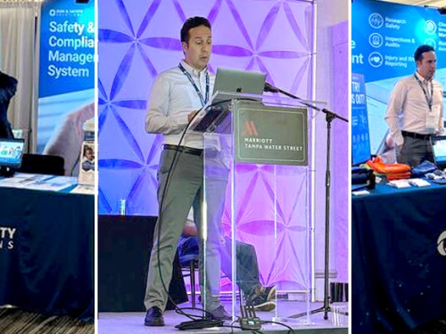 Three separate scenes depict individuals at conference booths and presenting on stage, representing Risk & Safety Solutions. Background banners highlight safety and compliance management systems.