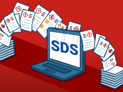 Illustration of SDS documents being transferred between stacks and a laptop displaying ‘SDS’.