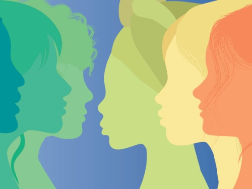  A colorful silhouette of women of various races depicted in shades of red, orange, yellow, green, and blue, celebrating diversity and inclusion.
