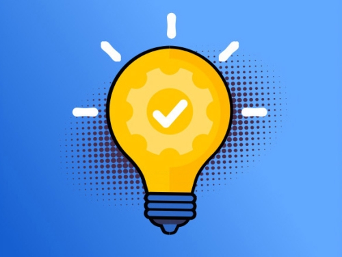 A graphic featuring a blue background with a yellow lightbulb shining brightly, symbolizing illumination or inspiration.